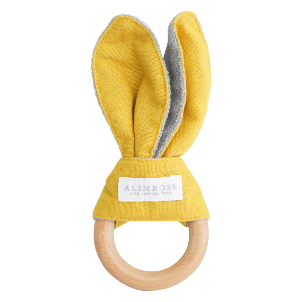 Alimrose mustard bunny ear teether baby