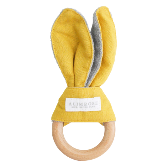 Alimrose mustard bunny ear teether baby