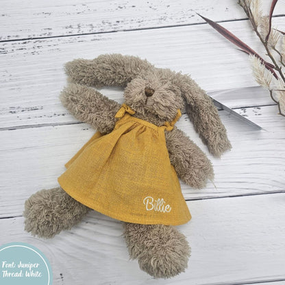 Baby girl easter bunny with mustard dress personalised with baby or child name embroidery