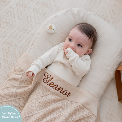 Beige Diamond Knit Baby Blanket personalised with baby name embroidery brown thread