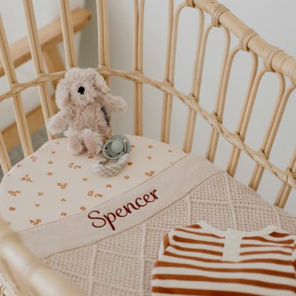 Beige Diamond Knit Baby Blanket personalised with baby name embroidery brown thread