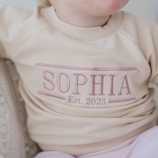 Baby and Kids Beige Crewneck Jumper embroidered with name and EST Date