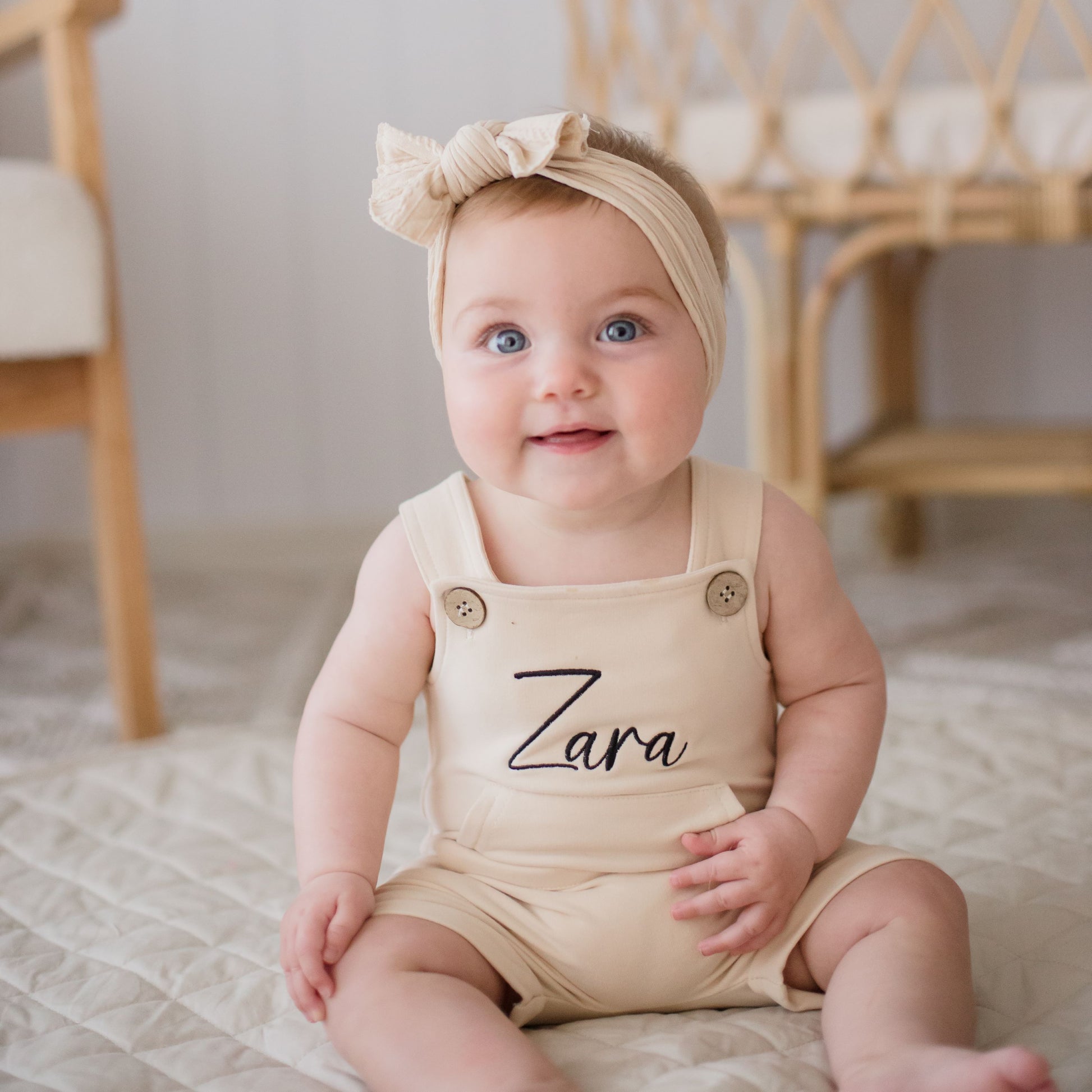 baby and kids beige overalls embroidered with child's name