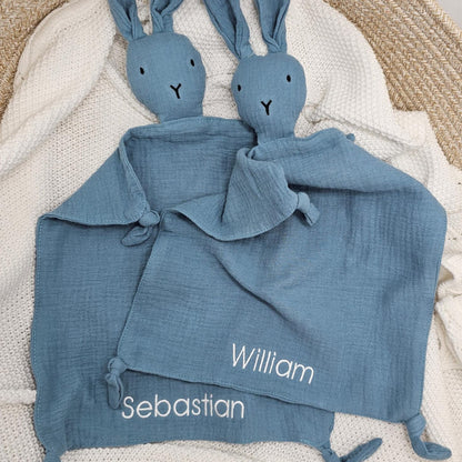 Personalised Blue Bunny Muslin Baby Comforter