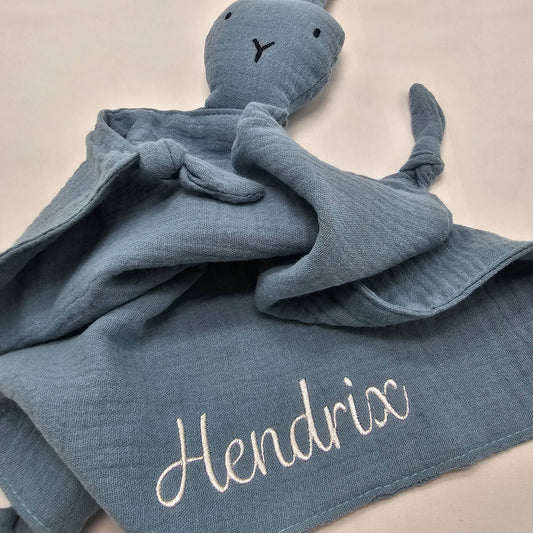 Personalised Blue Bunny Muslin Baby Comforter