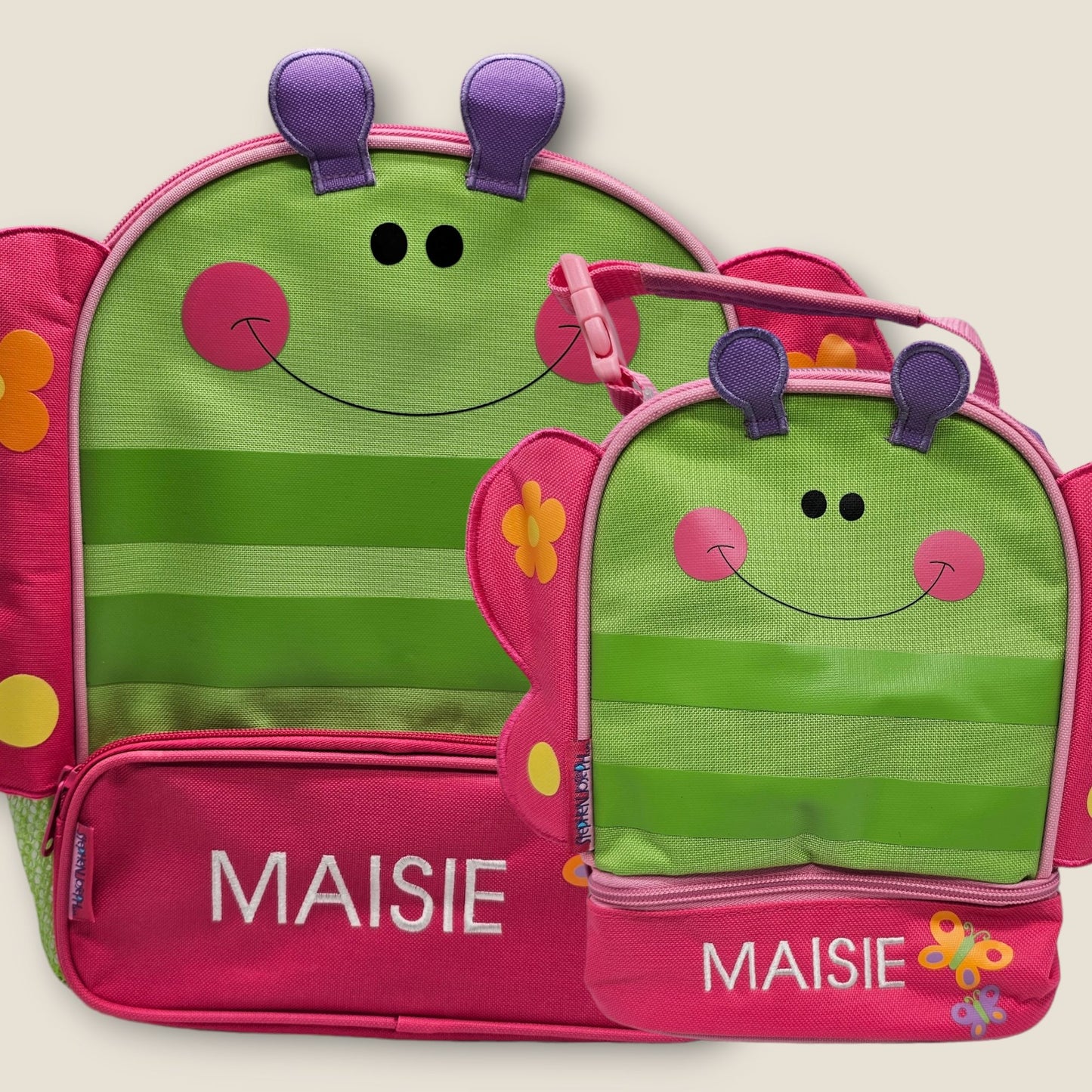 butterfly kids lunchbox and backpack personalised with embroidery