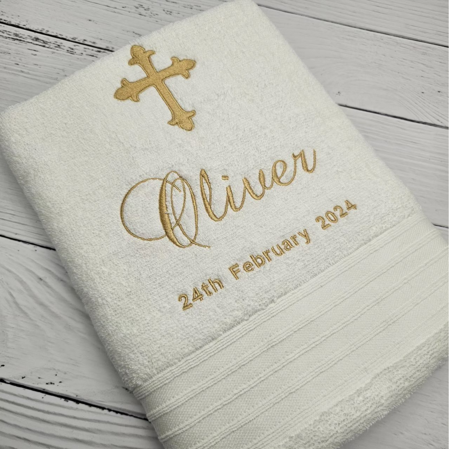 Personalised christening towel with custom cross and font