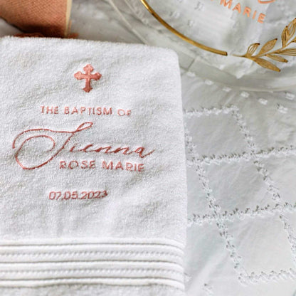 Christening baptism white towel personalise with embroidery child baby name and cross