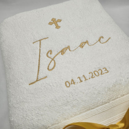 Christening Towel personalised with light gold embroidery