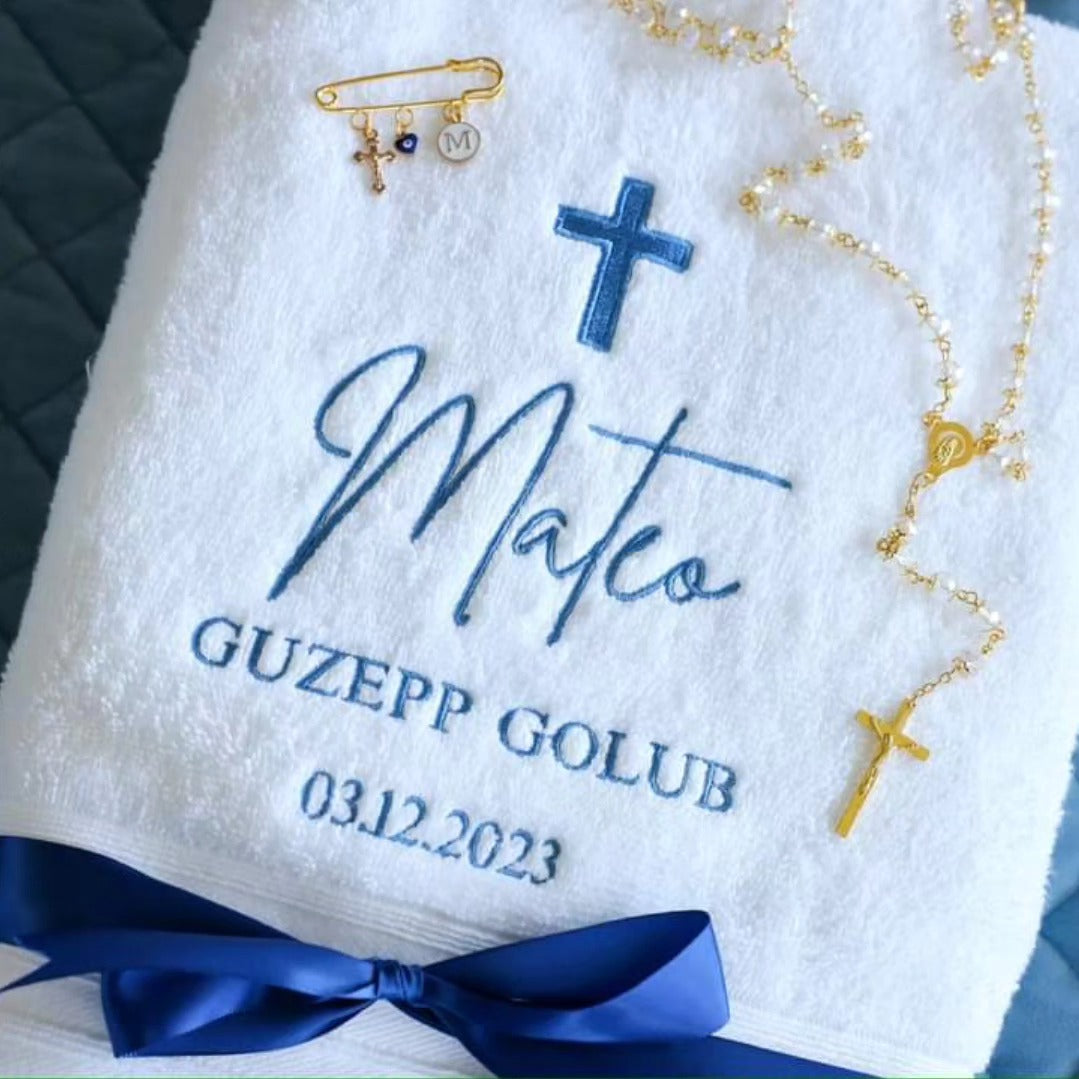 Christening baptism white towel personalise with embroidery child baby name and cross