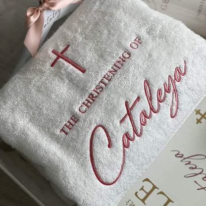 Christening baptism white towel personalise with embroidery child baby name and cross