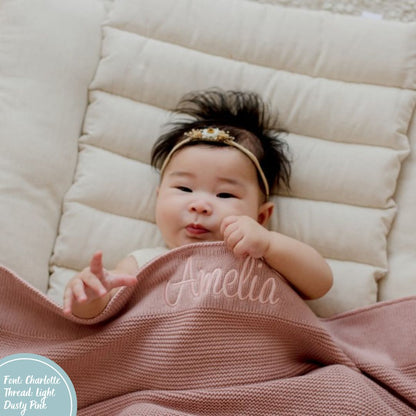 Dusty Pink Cotton Knit Baby Blanket personalised with baby name embroidery White thread