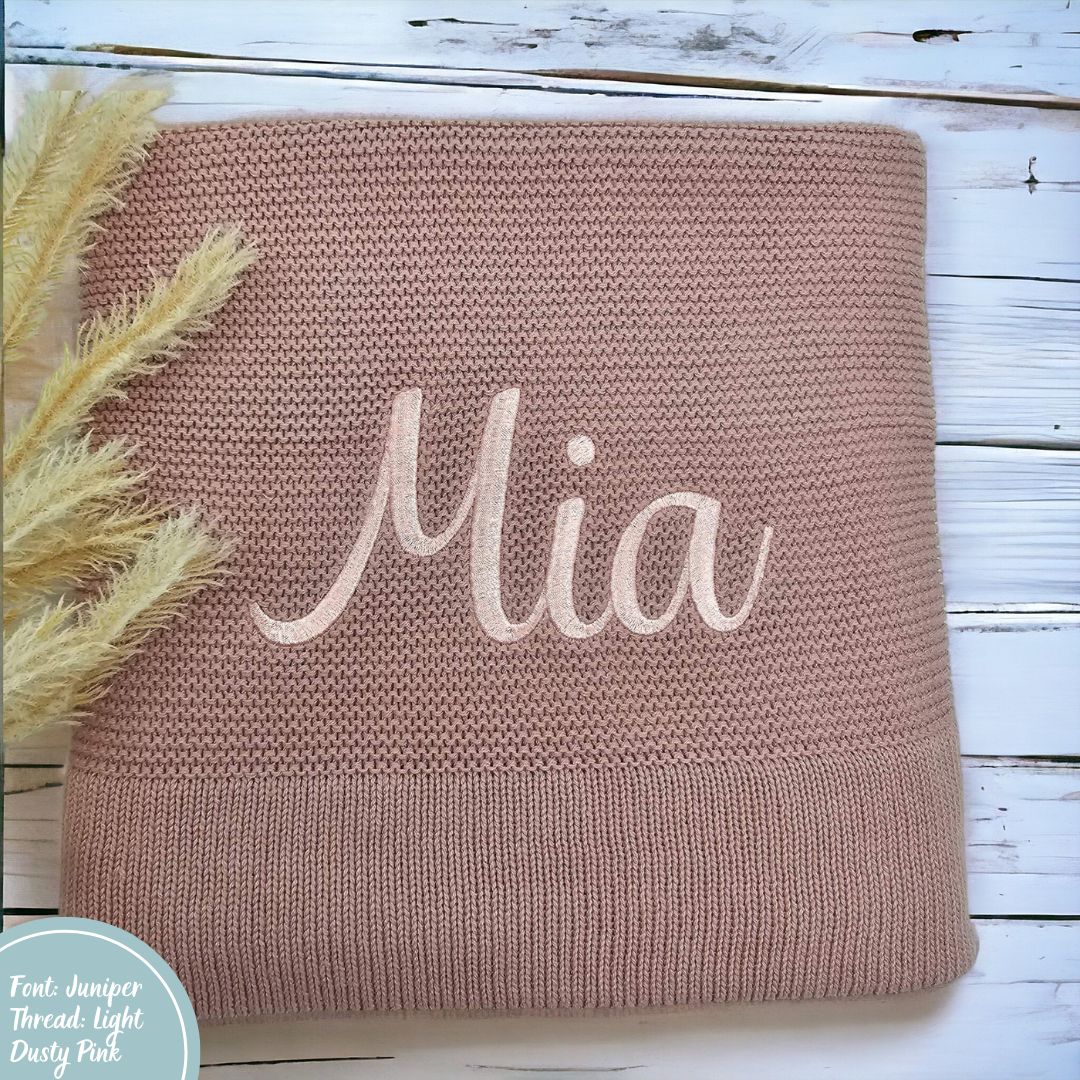 Dusty Pink Cotton Knit Baby Blanket personalised with baby name embroidery White thread