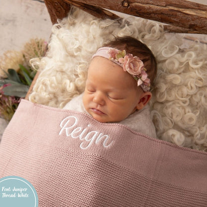 Dusty Pink Cotton Knit Baby Blanket personalised with baby name embroidery White thread