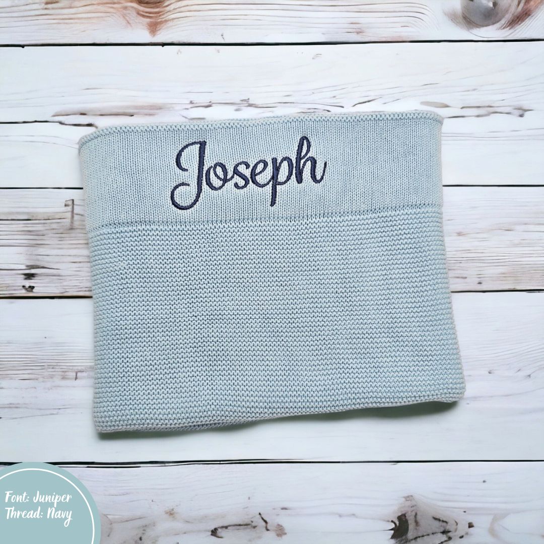 Light Blue Cotton Knit Baby Blanket personalised with baby name embroidery White thread
