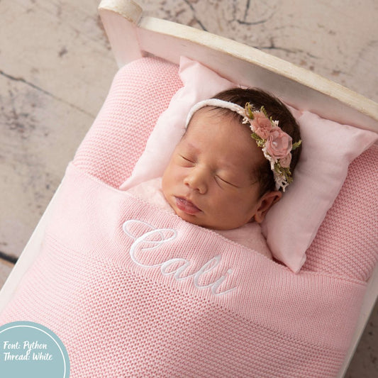 Light Baby Pink Cotton Knit Baby Blanket personalised with baby name embroidery White thread