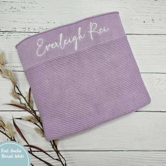 Lilac Purple cotton knit baby blanket personalised with embroidery