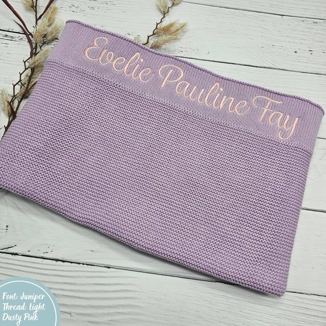 Lilac Purple cotton knit baby blanket personalised with embroidery