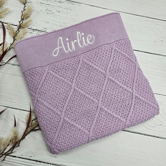 Diamond Knit Lilac Purple Baby Blanket personalised with embroidered name