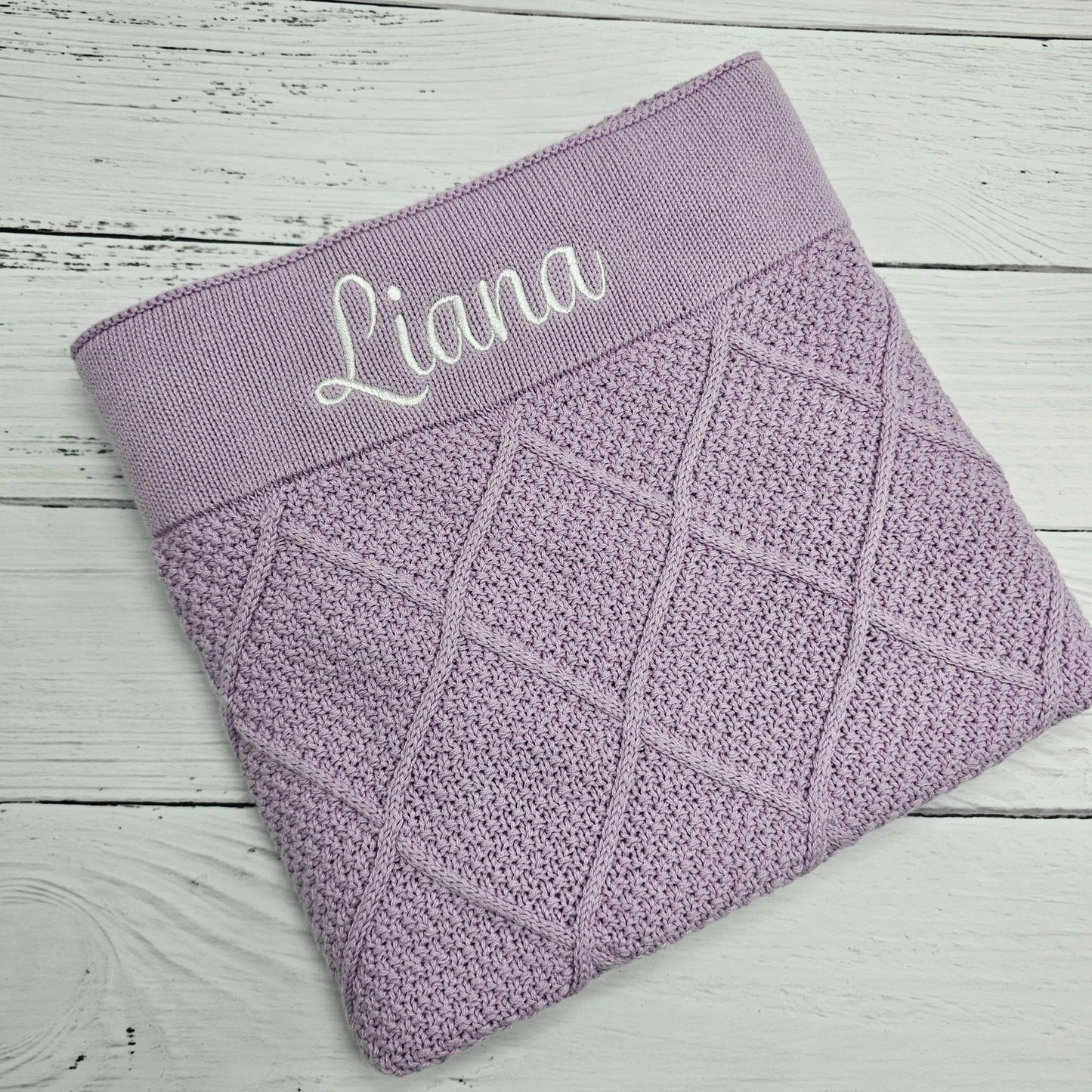 Diamond Knit Lilac Purple Baby Blanket personalised with embroidered name