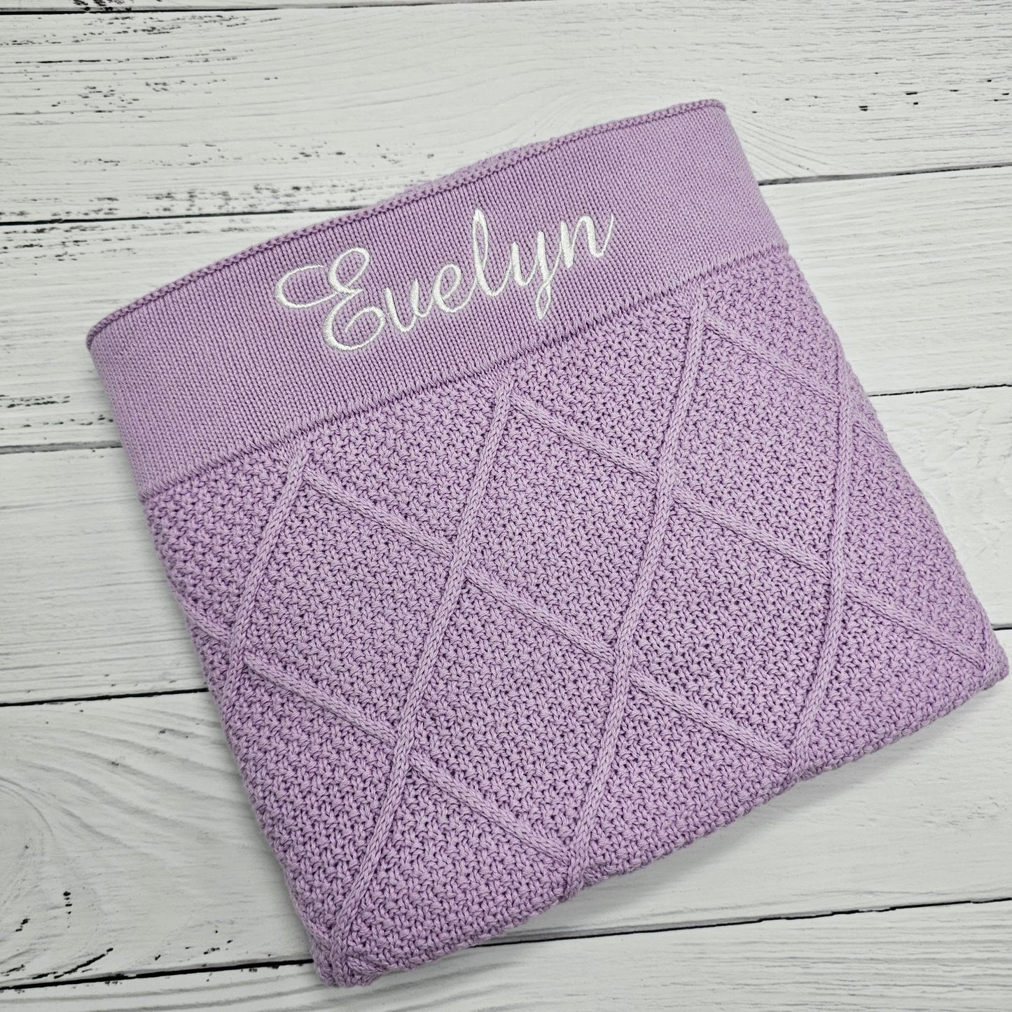 Diamond Knit Lilac Purple Baby Blanket personalised with embroidered name