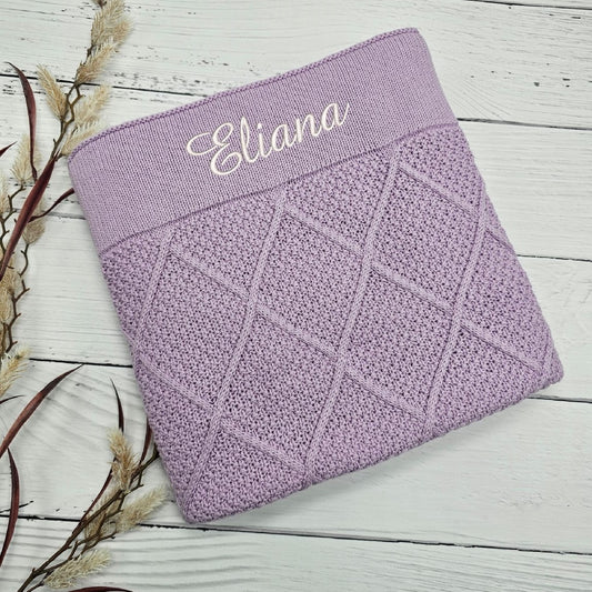 Diamond Knit Cotton baby blanket lilac personalised with baby name embroidery