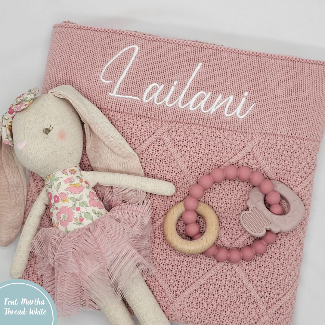 Dusty Pink Diamond Knit Baby Blanket personalised with baby name embroidery white thread