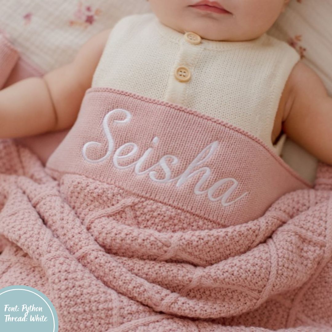 Dusty Pink Diamond Knit Baby Blanket personalised with baby name embroidery white thread