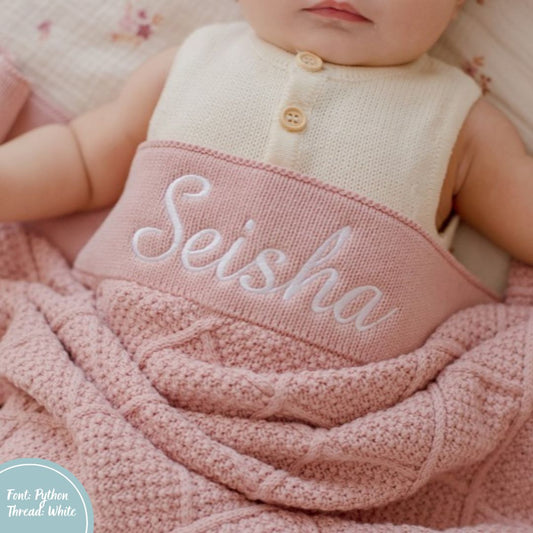 Dusty Pink Diamond Knit Baby Blanket personalised with baby name embroidery white thread