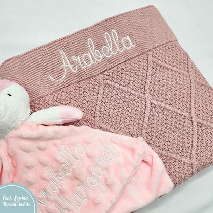 Dusty Pink Diamond Knit Baby Blanket personalised with baby name embroidery white thread