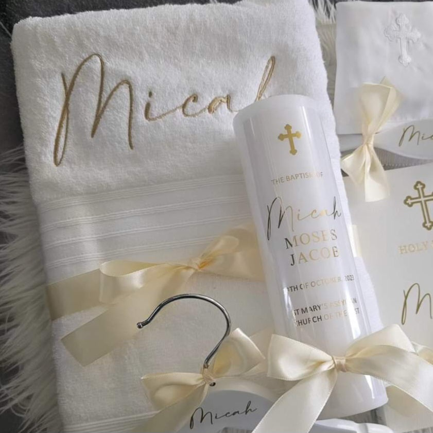 White christening baptism towel personalised with embroidery