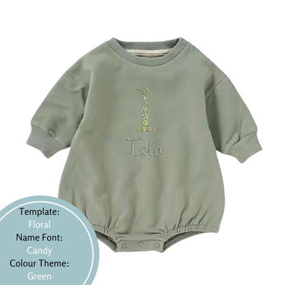 khaki green bubble romper embroidered with floral name in a green theme