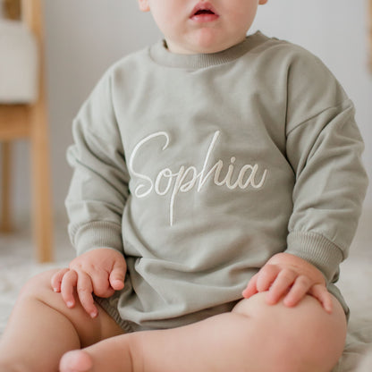 Green Romper personalised with embroidery. Childs name embroidered