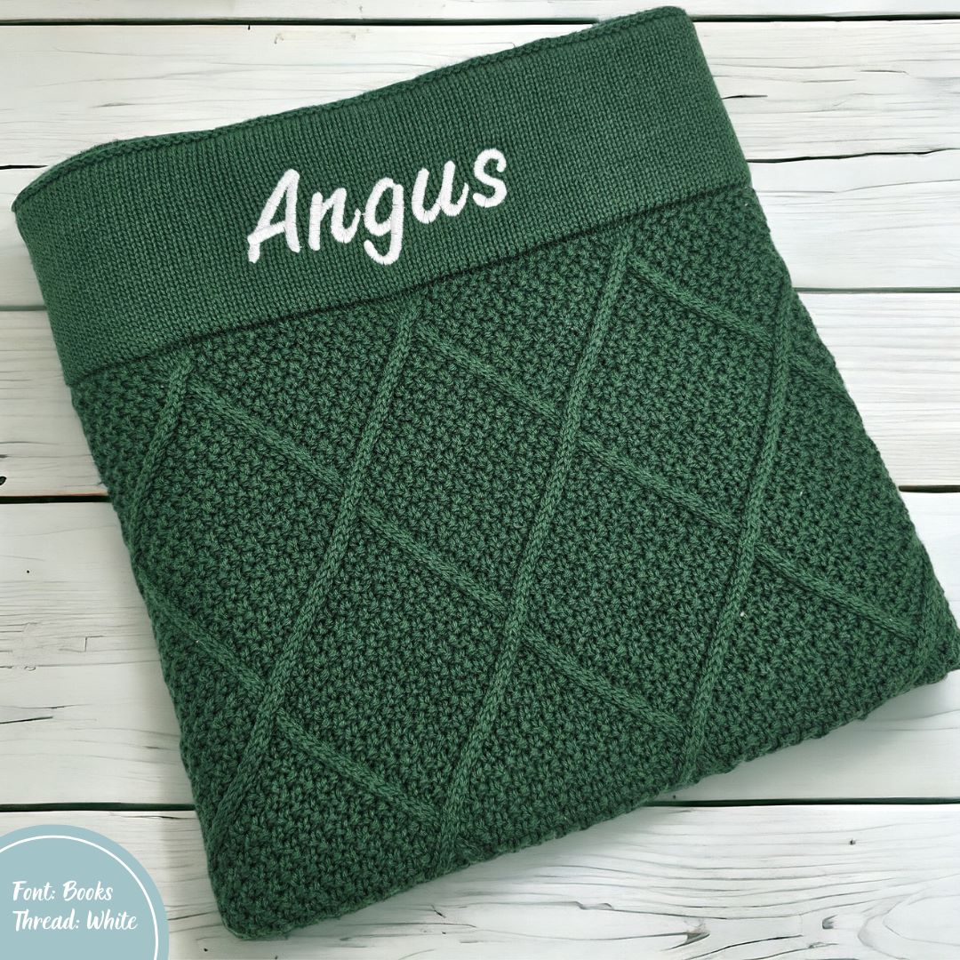 green knit diamond knit personalised baby name blanket