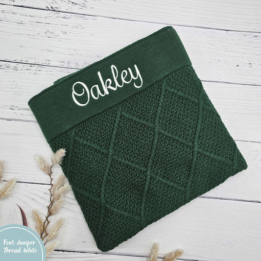 green knit diamond knit personalised baby name blanket