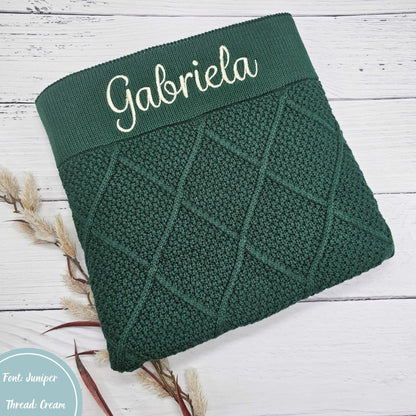 Forrest green knit diamond knit personalised baby name blanket embroidery