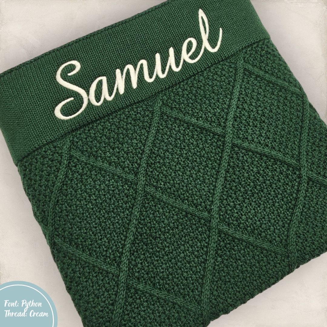 green knit diamond knit personalised baby name blanket