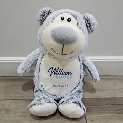 Grey Bear cubby teddy personalised with baby name embroidery