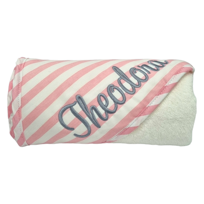 Pink Stripe Personalised ES Kids Hooded Bath Towels personalise baby name with embroidery