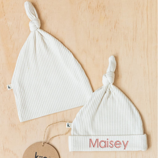 ivory newborn beanie personalised with embroidery