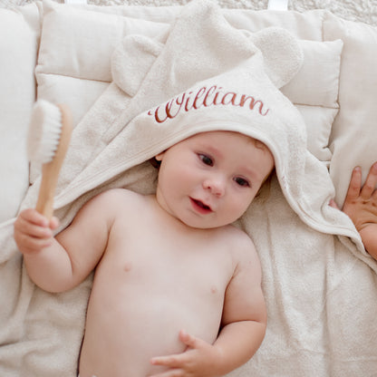 Ivory Hooded baby bath towel personalised with baby or child name embroidery with brown thread
