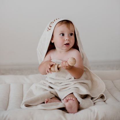 Ivory Hooded baby bath towel personalised with baby or child name embroidery with brown thread