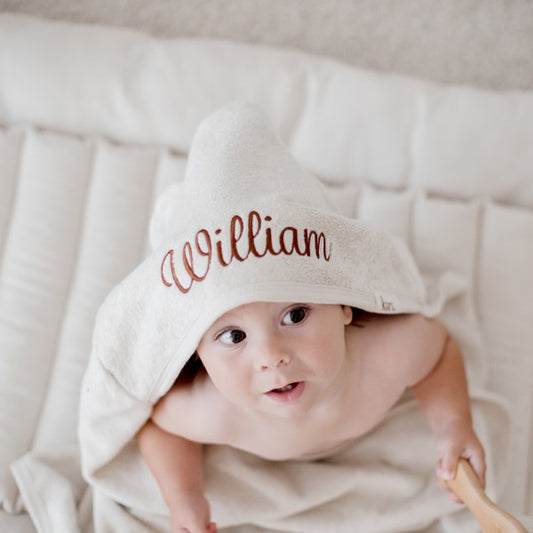 Ivory Hooded baby bath towel personalised with baby or child name embroidery with brown thread