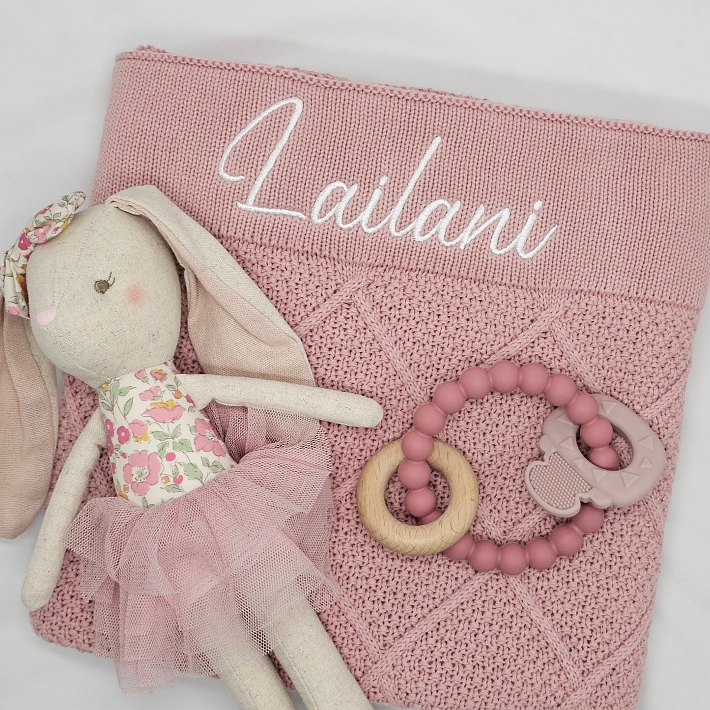 Dusty Pink diamond knit blanket with bunny and siicone teether
