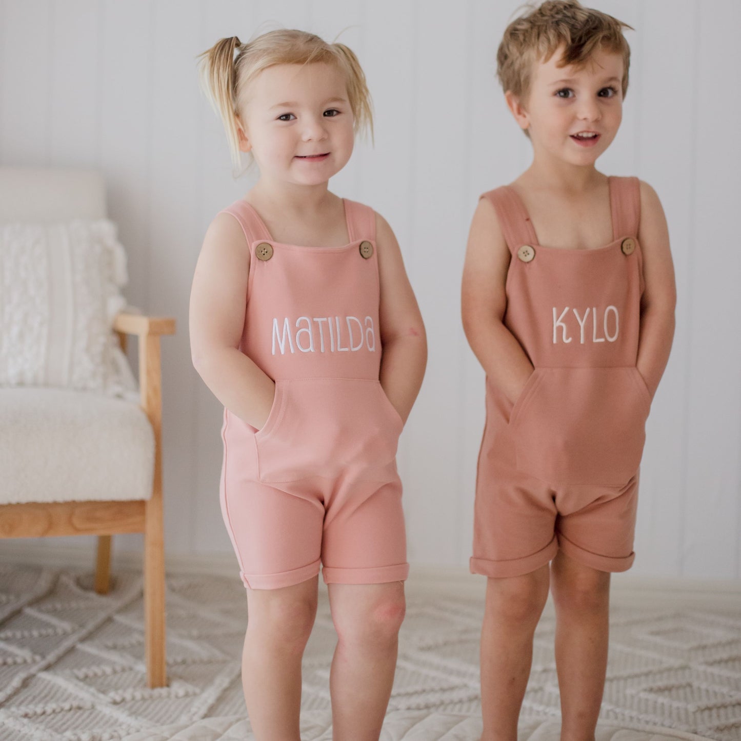 baby and kids brown and pink overalls embroidered with child's name