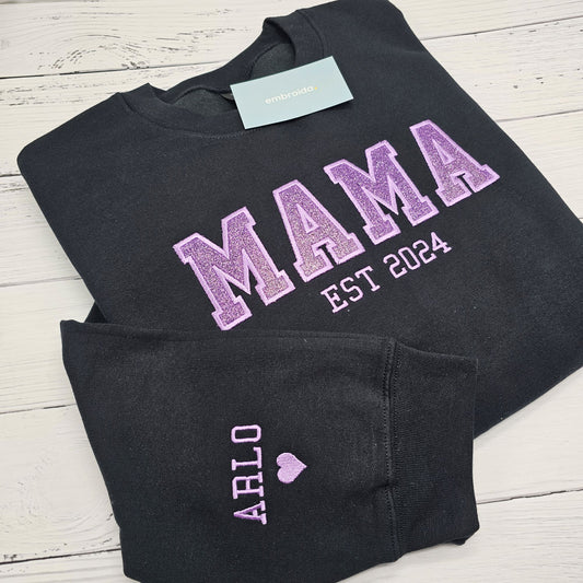 MAMA crewneck jumper with Glitter HTV Vinyl embroidered into the jumper