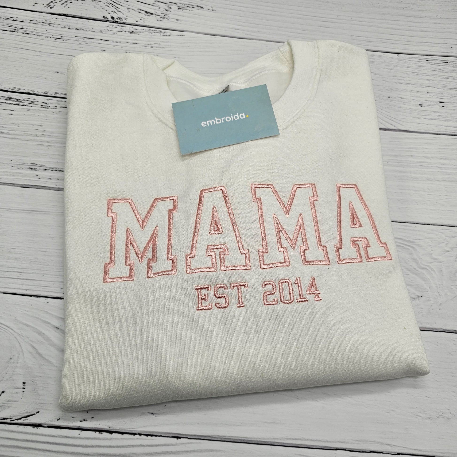White MAMA Sweater with College Varsity font embroidered EST crewneck jumper
