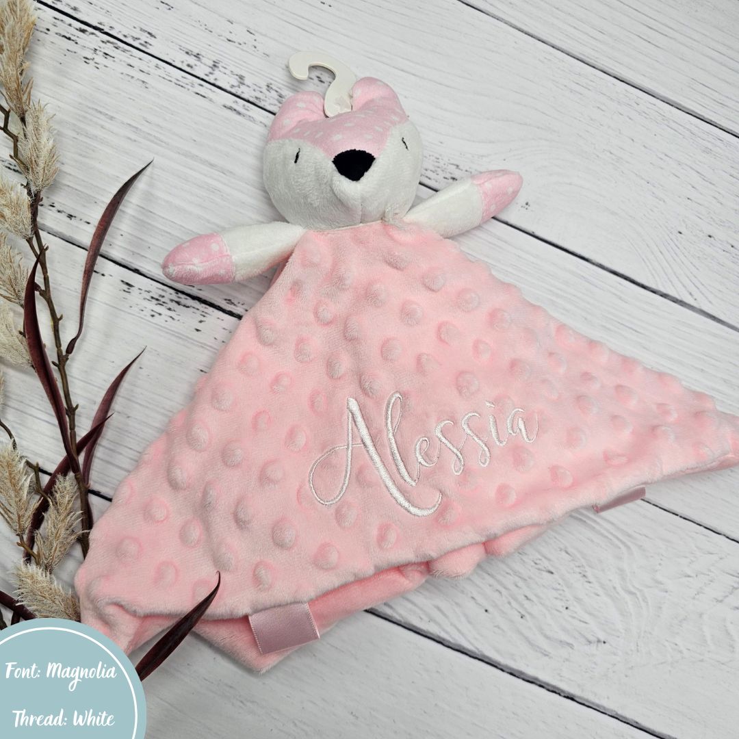 Minky Pink Rattle Fox Comforter personalised with baby name embroidery