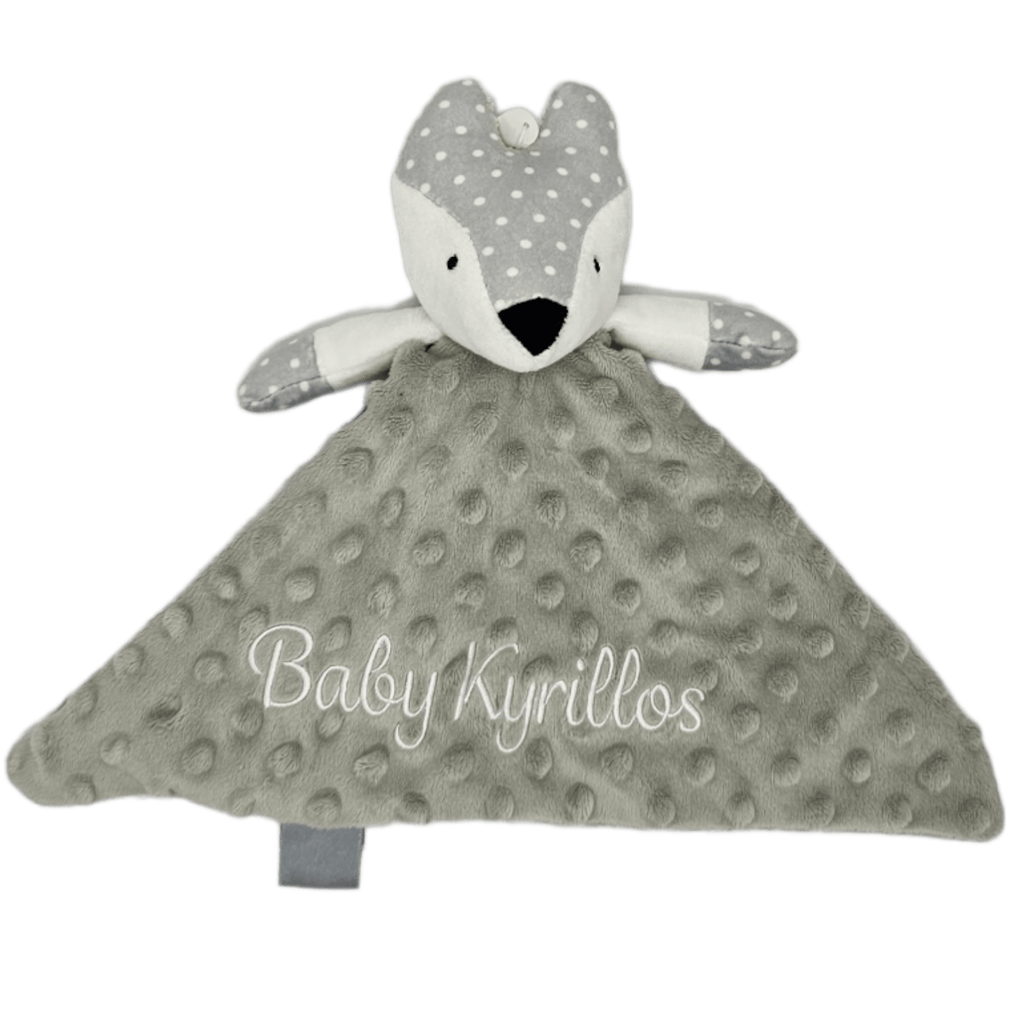 Mink Grey Rattle Fox Baby Comforter personalise baby name with embroidery