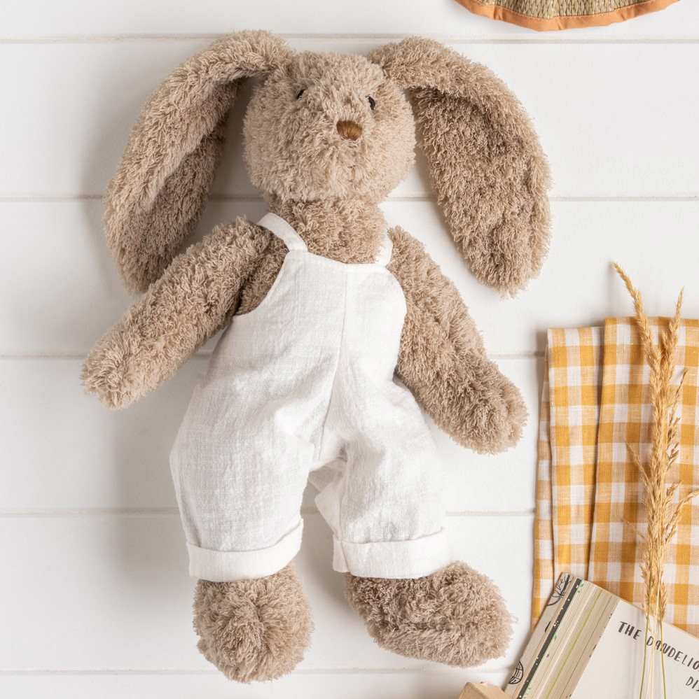 Nana Huchy Mr Honey Bunny wearing white overalls personalise baby name with embroidery